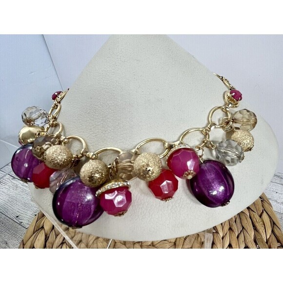 Y2K Beaded Dangle Statement Necklace Gold Tone 20” Pink Purple Fairy Cha Cha - Picture 2 of 9